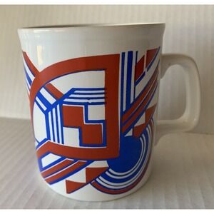 Vintage Kiln Craft Mug Cup Mod Geometric Red White Blue England Retro